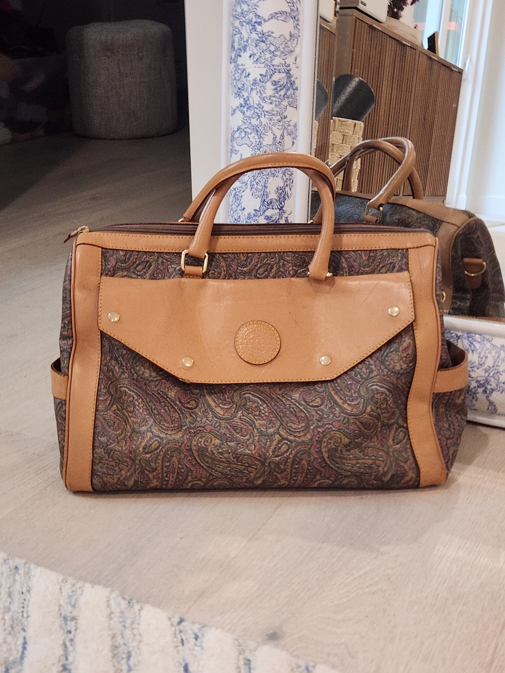 Vintage Cheval Travel Tote Bag in Brown Paisley with Tan Trim